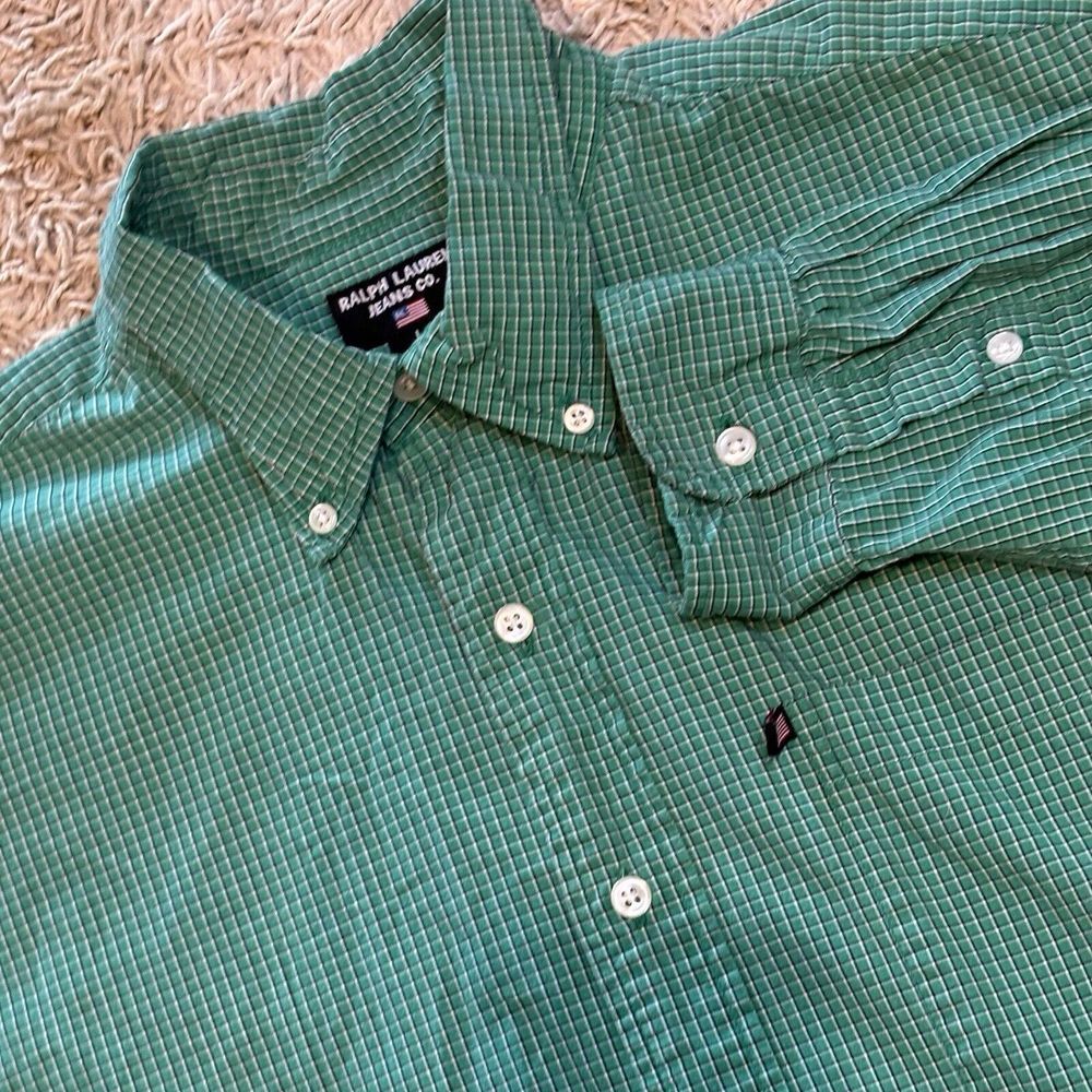 Ralph Lauren Jeans CO Polo Button Down Dress Shirt SZ Large Green Checkered‎